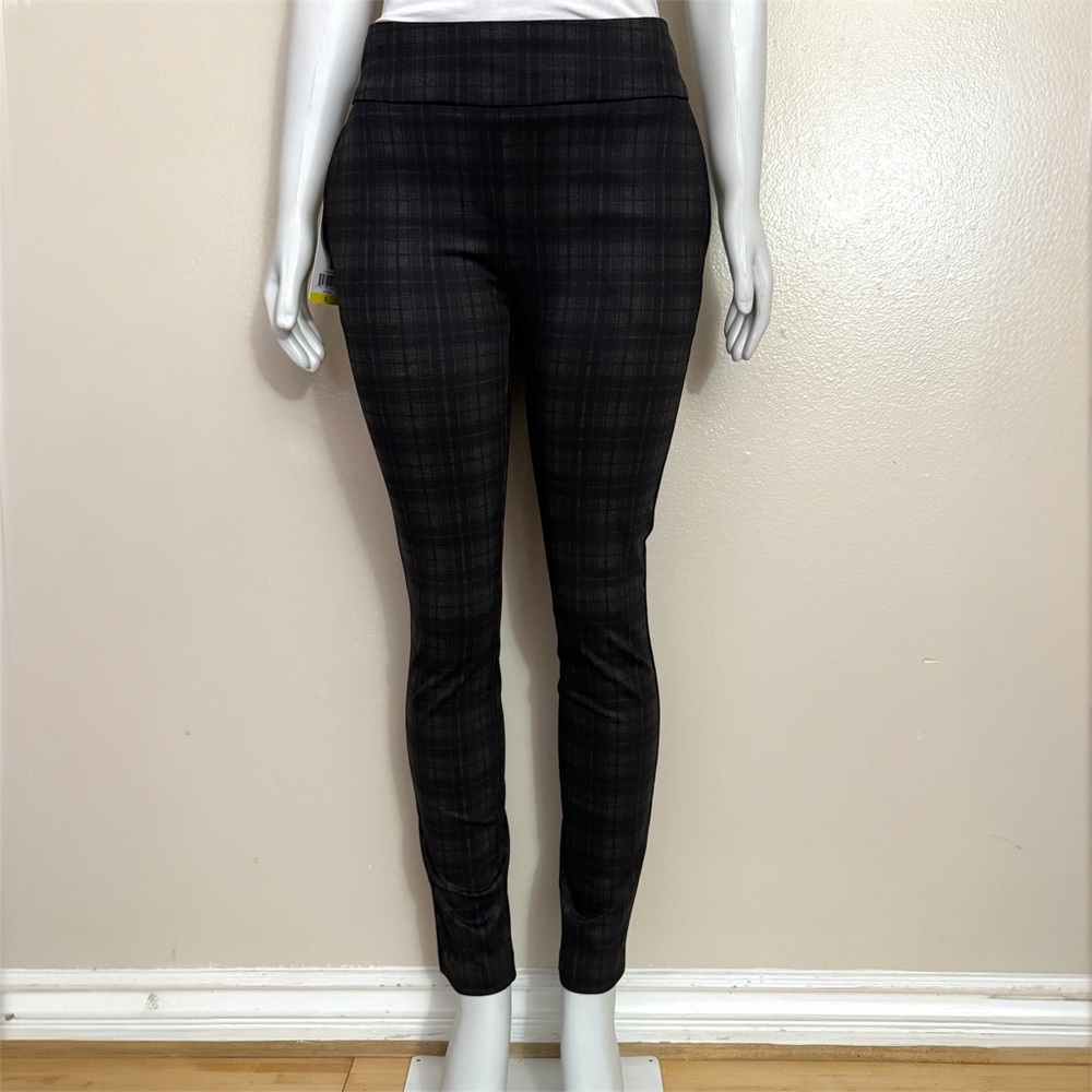 Dalia built in tummy control panel black gray plaid pattern pull on pants